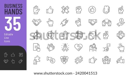 Business Hands Line Editable Icons set. Vector illustration in modern thin line style of different hand gestures: like, dislike, handshake, teamwork, perfect, and more. Isolated on white