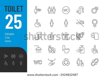 Toilet Line Editable Icons set. Vector illustration in modern thin line style of public water closet related icons: gender symbols, rules for using a toilet, personal hygiene, and more.