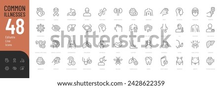 Common Illnesses Line Editable Icons set. Vector illustration in modern thin line style of diseases icons: cancer, coronavirus, allergy, mental illnesses, and more.  Pictograms and infographics.