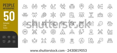 People Infographic Line Editable Icons. Vector illustration in a thin line style of basic people related icons: communication, avatar, group of people, strategy, and more. Isolated on white.