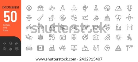 Entertainment Line Editable Icons set. Vector illustration in modern thin line style of leisure and hobbies related icons: party, concert, outdoor recreation, and more. Pictograms and infographics.