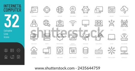 Internet and Computer Line Editable Icons set. Vector illustration in modern thin line style of computing related icons: computer components, programming, technology, and more. 