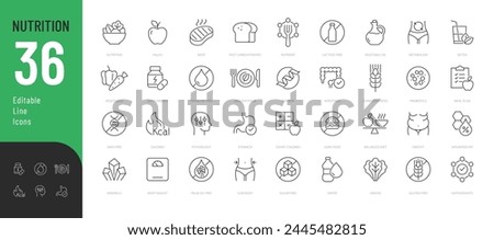 Nutrition Line Editable Icons set. Vector illustration in modern thin line style of healthy eating related icons: types of healthy and unhealthy foods, vitamins and minerals, and more.