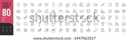 Food and Drink Line Editable Icons set. Vector illustration in thin line style of nutrition related icons: vegetables, fruits, desserts, meat, baked goods, drinks, and more. Isolated on white.