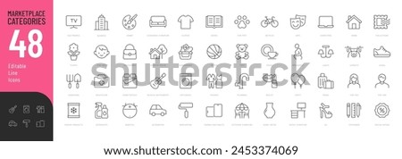 Marketplace Categories Line Editable Icons set. Vector illustration in modern thin line style of e-commerce related icons: household goods, electronics and household appliances, clothing, and more. 