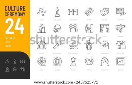 Culture Ceremony Editable Icons set. Vector illustration in modern thin line style of events related icons: art categories, nomination, red carpet, awards, and more. 