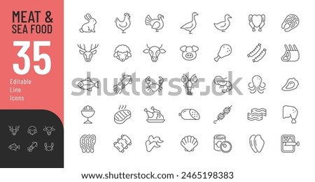 Meat and Seafood Editable Icons set. Vector illustration in modern thin line style of food related icons: chicken, octopus, beef, and more. Pictograms and infographics for mobile apps.