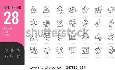 INFLUANCER Editable Icons set. Vector illustration in modern thin line style of love social media related icons: passion, creator, celebrity, and more. Pictograms and infographics for mobile apps.