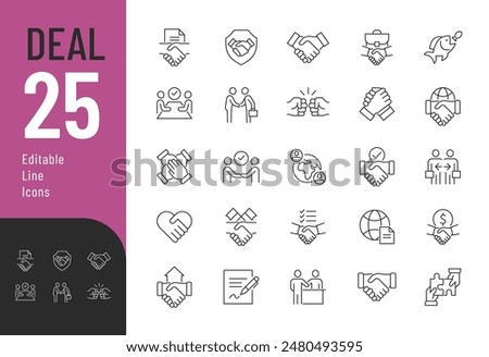 
Deal Editable Icons set. Vector illustration in modern thin line style of business related icons: handshake, agreement, document, and more. Pictograms and infographics for mobile apps.
