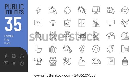 
Public utilities Line Editable Icons set. Vector illustration in modern thin line style of house maintenance related icons: electricity, gas, water, and more. 