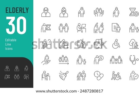 Elderly Line Editable Icons set. Vector illustration in modern thin line style of seniors related icons: active lifestyle, support, care, and more. Isolated on white