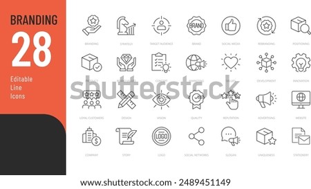 Branding Line Editable Icons set. Vector illustration in modern thin line style of marketing related icons: product, company, strategy, distribution, and  more. Isolated on white