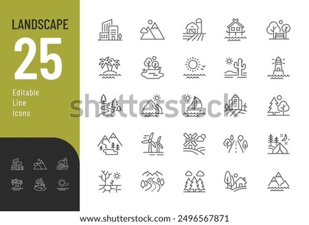 Landscape line Editable Icons set. Vector illustration in modern thin line style of nature related icons: sea, lake, river, forest, and more. Pictograms and infographics