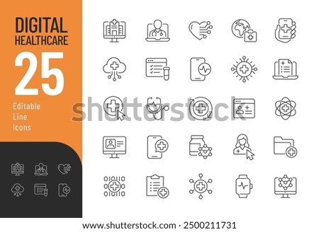 Digital Health Care Line Editable Icons set. Vector illustration in modern thin line style of medicine related icons: online consultation, health checkup, treatment, and more. 