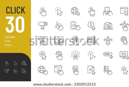 
Click Line Editable Icons set. Vector illustration in modern thin line style of cursor related icons: arrow, hand, mouse, button, and more. Pictograms and infographics
