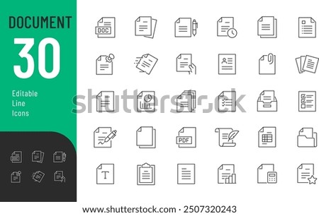 Document Line Editable Icons set. Vector illustration in thin line modern style of paper documentation icons: tables, analytics, questionnaire, and more. Isolated on white