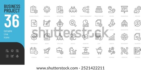 Business Project line Editable Icons set. Vector illustration in thin line modern style of business related icons: planning, strategy, accounting, and more. Isolated on white