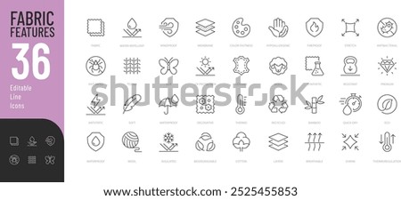 Fabric Features line Editable Icons set. Vector illustration in thin line modern style of textile related icons: Thermo, recycled, bamboo, and more. Isolated on white