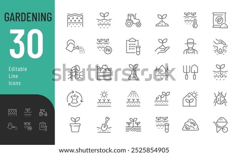 
Gardening Line Editable Icons set. Vector illustration in modern thin line style of horticultural icons: soil quality, care and stages of plant cultivation, and more. Pictograms and infographics for 