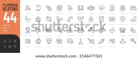 Plumbing and Heating Line Editable Icons set. Vector illustration in modern thin line style of house engineering related icons: pipes, boilers, tools, and more. Pictograms and infographics for mobile 