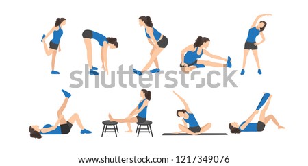 Workout girl set. Woman doing fitness and yoga exercises. Lunges and squats, plank and abc. Full body workout. Warming up, stretching
