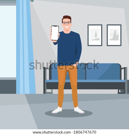 young worker or business man showing smartphone, man holding smartphone close up, flat vector design