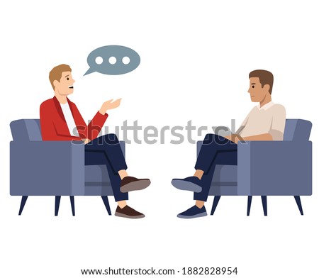 Two Men Sitting in Chairs Facing Each Other Having in Conversation