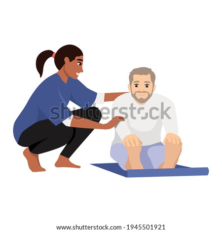 Physiotherapist or rehabilitologist doctor rehabilitates elderly patient. Vector flat cartoon illustration. Physiotherapy rehab, injury recovery and healthcare concept.