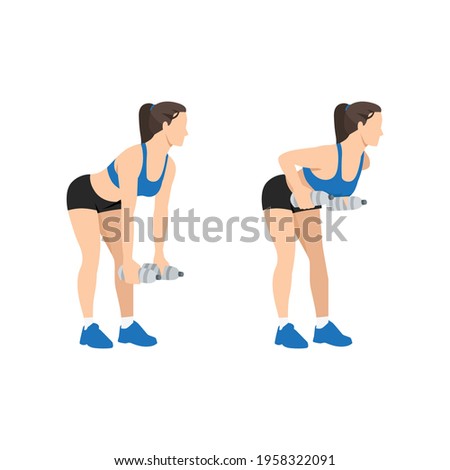 Woman doing bent over two armed water bottle rows exercise flat vector illustration isolated on white background Stock foto © 