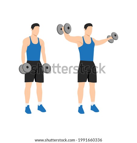 Man doing Lateral side shoulder dumbbell raises. Power partials exercise. Flat vector illustration isolated on white background