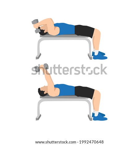 Man doing Lying dumbbell tricep extensions exercise. Flat vector illustration isolated on white background