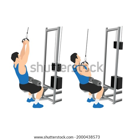 Man doing V BAR.Triangle bar lat pulldowns.Pull downs. pullover exercise. Flat vector illustration isolated on white background Stock fotó © 