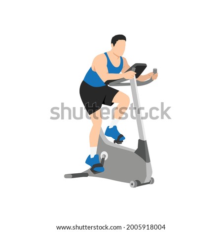 Man doing Cardio. stationary bike. spinning exercise. Flat vector illustration isolated on white background