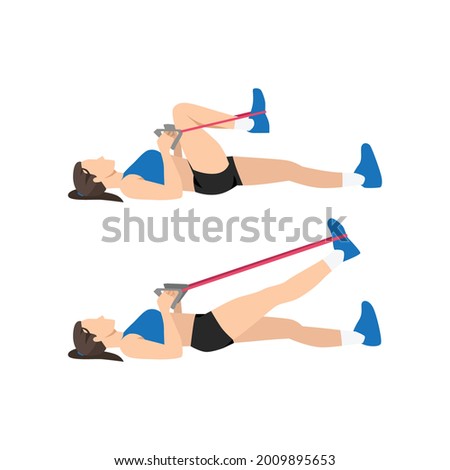 Woman doing Resistance band lying leg extensions exercise. Flat vector illustration isolated on white background