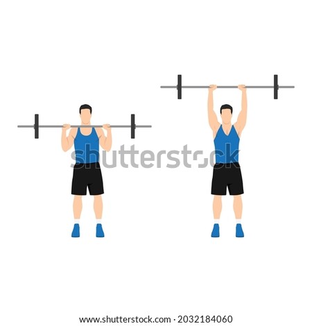 Man doing Overhead barbell shoulder press exercise. Flat vector illustration isolated on white background Foto d'archivio © 