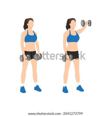 Woman doing Forward. front shoulder Single dumbbell raises exercise. Flat vector illustration isolated on white background