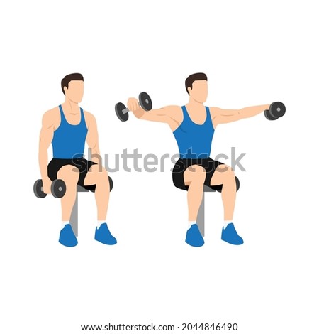 Man doing Seated dumbbell Lateral raises. Power partials exercise. Flat vector illustration isolated on white background