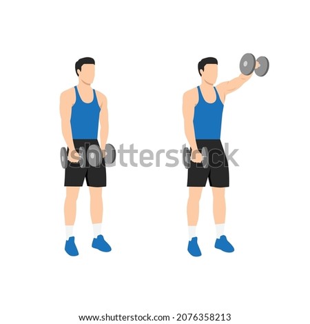 Man doing Forward. front shoulder single dumbbell raises exercise. Flat vector illustration isolated on white background