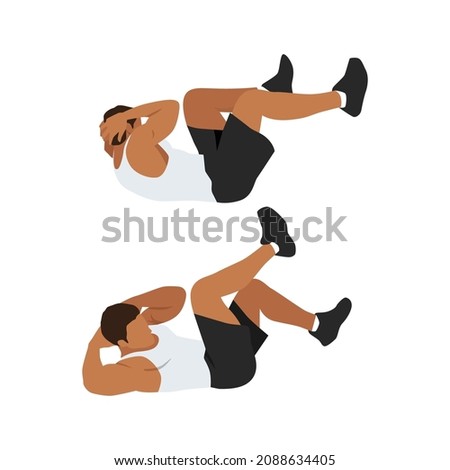 Man doing abdominal workout with Bicycle crunch. Illustration about exercise guide. Cross body crunches Сток-фото © 