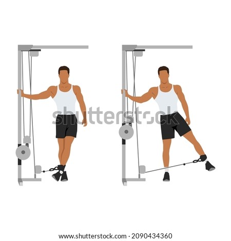 Man doing Cable hip abduction. adduction exercise. Flat vector illustration isolated on white background