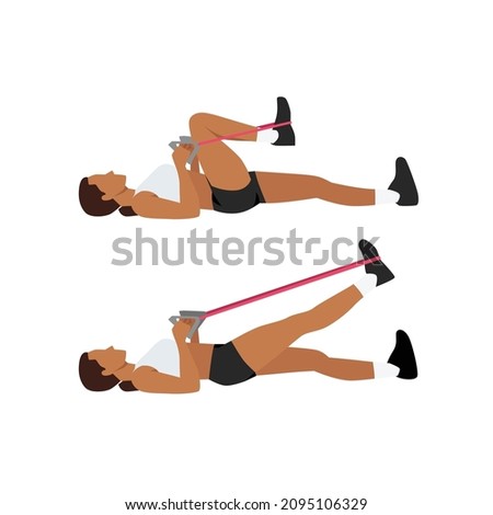 Woman doing Resistance band lying leg extensions exercise. Flat vector illustration isolated on white background