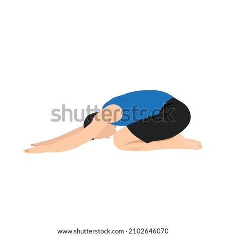 Man doing Child's pose stretch exercise. Flat vector illustration isolated on white background