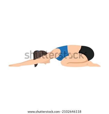 Woman doing Child's pose stretch exercise. Flat vector illustration isolated on white background