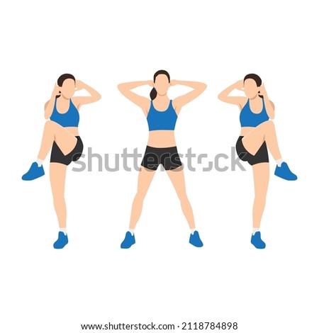 Woman doing Standing criss cross crunches exercise. Flat vector illustration isolated on white background Сток-фото © 