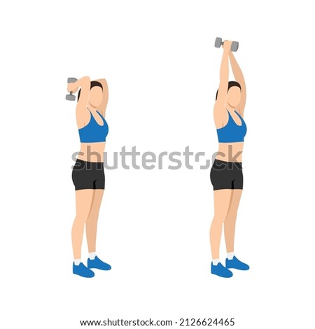 Woman doing Dumbbell triceps extension exercise. Flat vector illustration isolated on white background