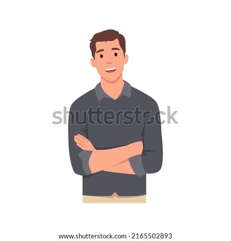 Young smiling man cartoon character keeping arms crossed,. Businessman standing with folded arms pose. Flat vector illustration isolated on white background