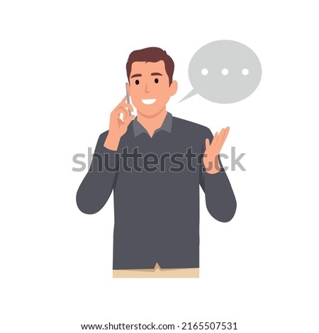 Young man cartoon character talking on mobile phone. Flat vector illustration isolated on white background