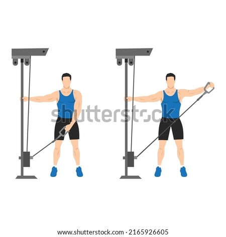 Man doing cable one arm lateral raise exercise. Flat vector illustration isolated on white background