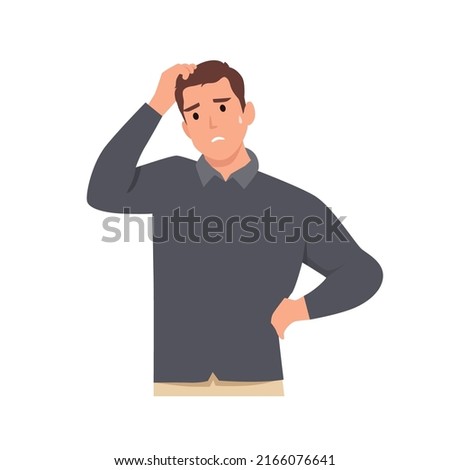 Young man cartoon character Confused in Casual wear scratching his head. Unhappy man in puzzled expression . Flat vector illustration isolated on white background