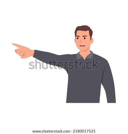 Young man angry white collar worker point out a big problem. Unhappy employee not satisfied with company policies and salaries. Flat vector illustration isolated on white background